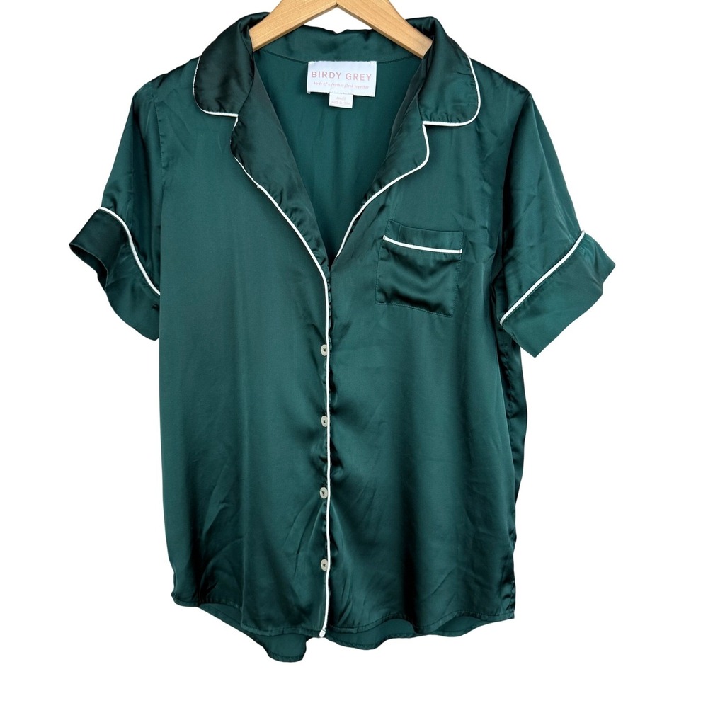 Birdy Grey‎ Satin Pajama Top Women's Small Green Short Sleeve Button-Down
